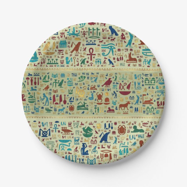 Colorful  Ancient Egyptian hieroglyphs pattern Paper Plate (Front)