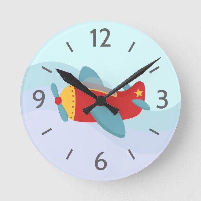 Colorful and adorable aeroplane for boy's room round clock (Front)