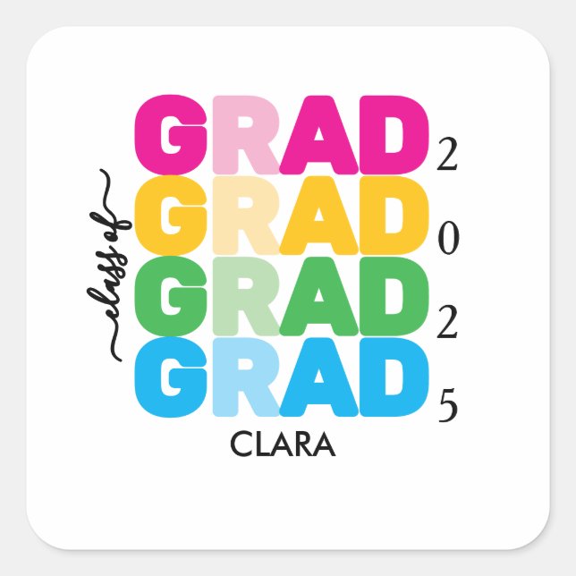 Colorful and customized Name and Year Grad  Square Sticker (Front)