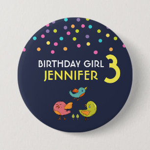 Colorful and Cute Whimsical Birds Birthday Girl 7.5 Cm Round Badge