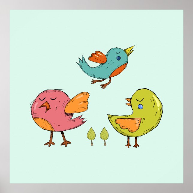 Colorful and Cute Whimsical Birds Trio Poster (Front)