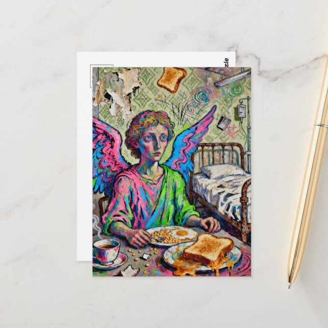 Colorful Angel at Breakfast Art Brut Style Postcard (Front/Back In Situ)