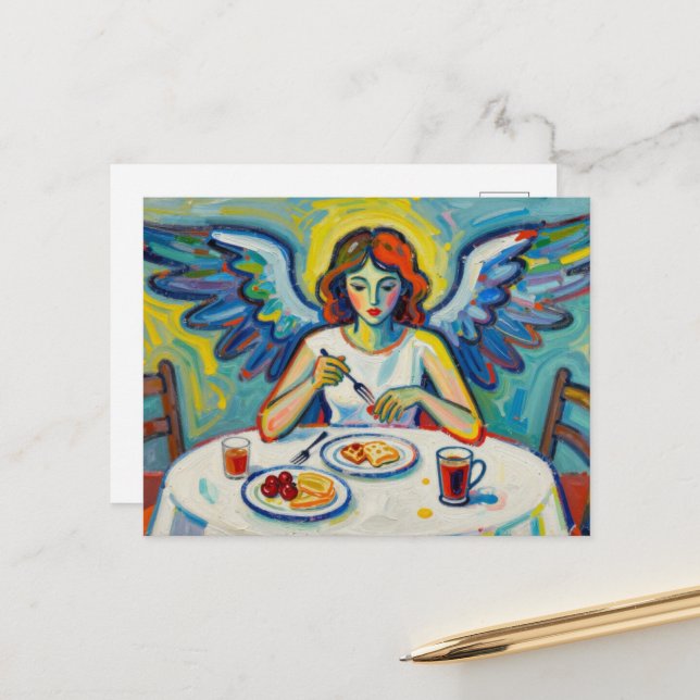 Colorful Angel at Breakfast Postcard (Front/Back In Situ)