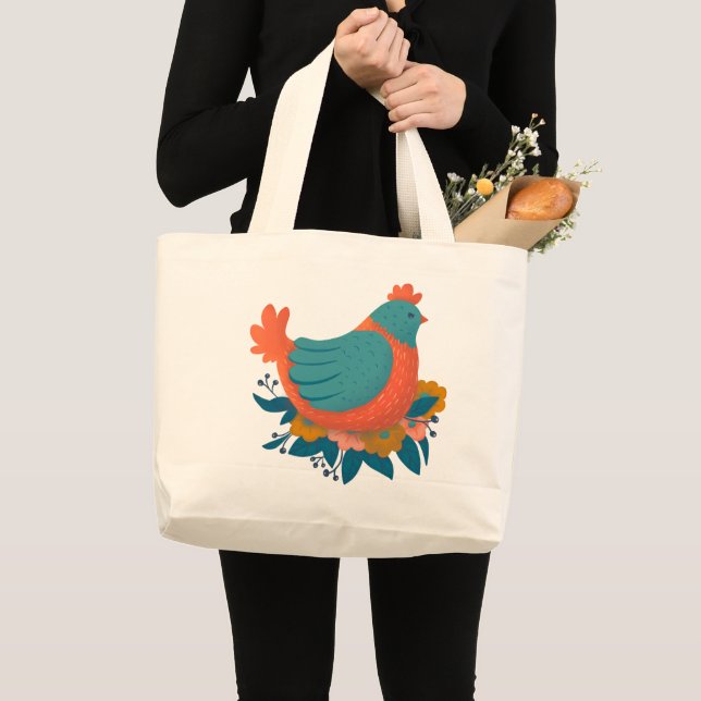 Colorful Angry Chicken Large Tote Bag (Front (Product))