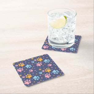 Colorful Animal Paw Prints Pattern Square Paper Coaster