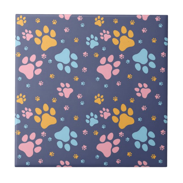 Colorful Animal Paw Prints Pattern Tile (Front)