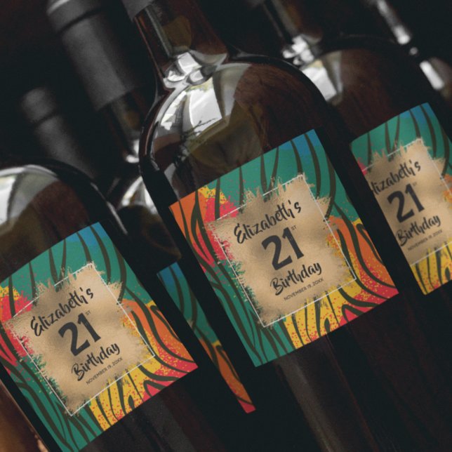 Colorful Animal Print 21st Birthday Personalized Wine Label (Creator Uploaded)