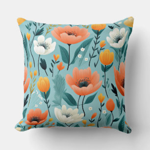Colorful art flowers-aqua, white, peach, yellow, cushion