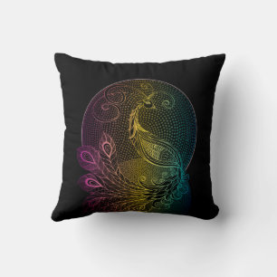 Colorful Art Nouveau Midnight peacock illustration Cushion