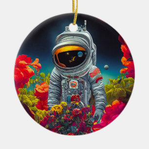 Colorful Astronaut in Space with Flowers Artwork   Ceramic Tree Decoration