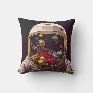 Colorful Astronaut in Space with Flowers Artwork   Cushion
