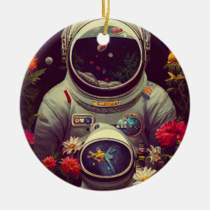 Colorful Astronauts in Space with Flowers Artwork Ceramic Tree Decoration