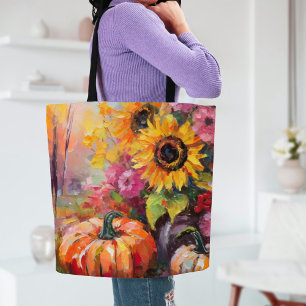 Colorful Autumn Floral and Pumpkins Tote Bag