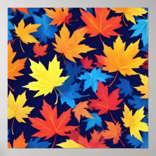 Colorful Autumn Leaves On Dark Blue Background Poster