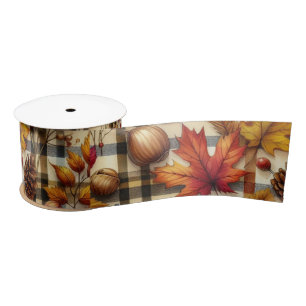 Colorful Autumn Leaves on Plaid Satin Ribbon