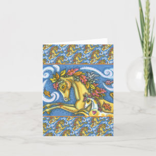 COLORFUL AUTUMN LEAVES ON WHIMSICAL HORSE & COLT  CARD