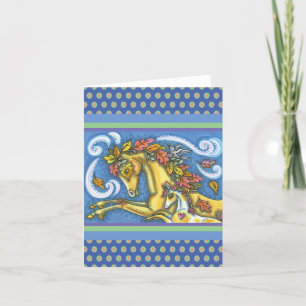COLORFUL AUTUMN LEAVES ON WHIMSICAL HORSE & COLT CARD