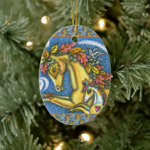 COLORFUL AUTUMN LEAVES ON WHIMSICAL HORSE & COLT CERAMIC TREE DECORATION