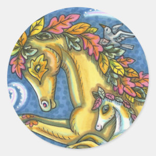COLORFUL AUTUMN LEAVES ON WHIMSICAL HORSE & COLT CLASSIC ROUND STICKER