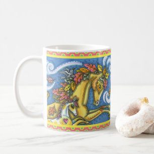 COLORFUL AUTUMN LEAVES ON WHIMSICAL HORSE & COLT COFFEE MUG