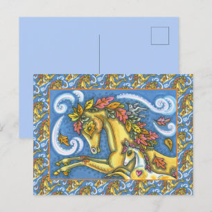 COLORFUL AUTUMN LEAVES ON WHIMSICAL HORSE & COLT POSTCARD