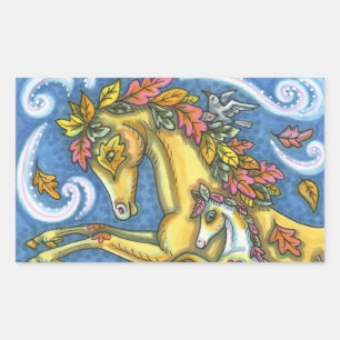 COLORFUL AUTUMN LEAVES ON WHIMSICAL HORSE & COLT RECTANGULAR STICKER