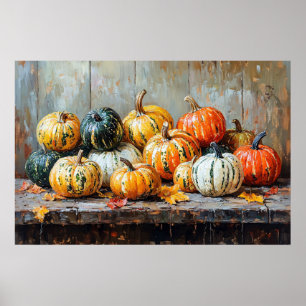 Colorful Autumn Pumpkins on Rustic Table Poster