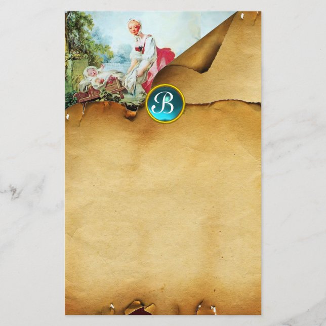 COLORFUL BABY SHOWER Parchment Blue Gem Monogram Stationery (Front)