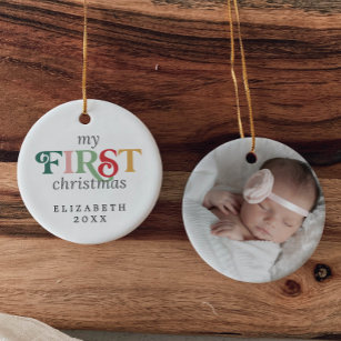 Colorful Baby's First Christmas Newborn Photo Ceramic Tree Decoration