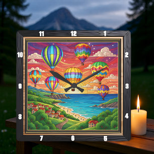 Colorful Balloons Coastal Village Square Wall Clock
