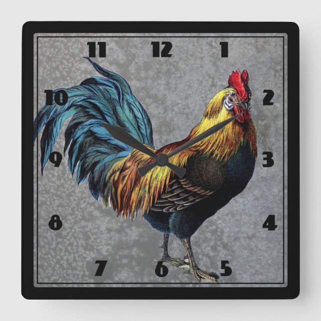 Colorful Bantam Rooster Square Wall Clock (Front)