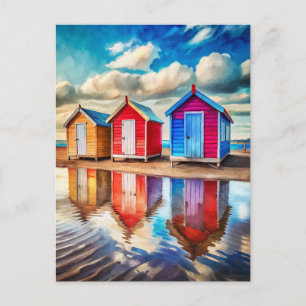 Colorful Beach Huts Ocean Reflection Coastal  Postcard
