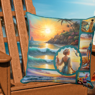 Colorful Beach Photo Collage Boho Chic Cushion