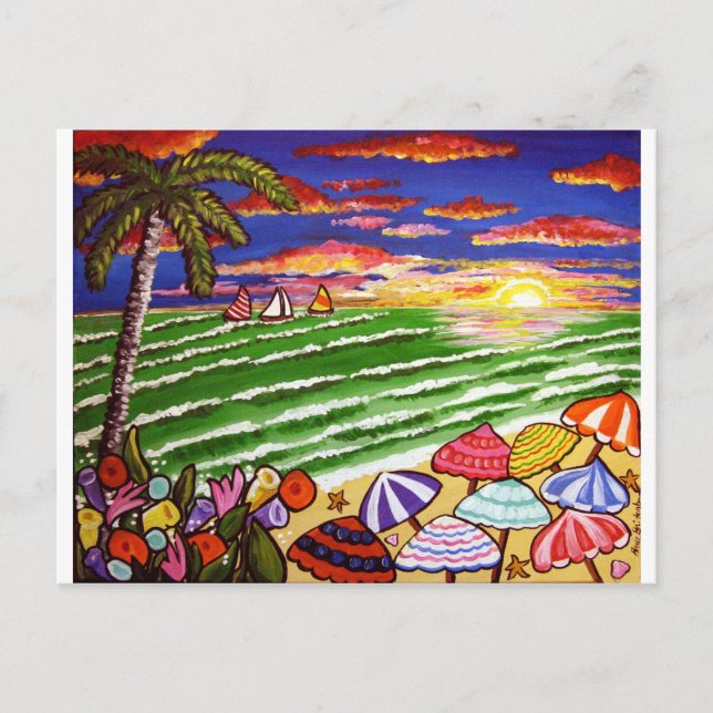 Colorful Beach Sunset Folk Art Postcard (Front)