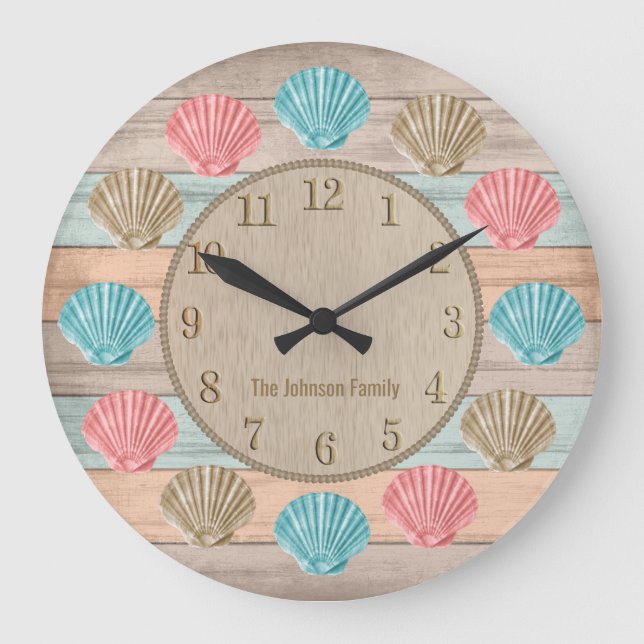 Colorful Beach Wood Nautical Seashells Large Clock (Front)
