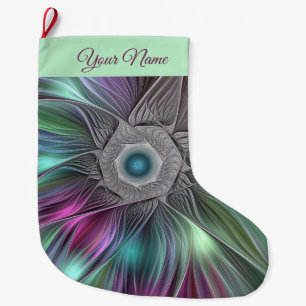 Colorful Big Flower Abstract Trippy Fractal Name Large Christmas Stocking