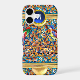 COLORFUL BIRDS AND FLORAL SWIRLS BLUE GEM MONOGRAM