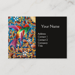 COLORFUL BIRDS AND FLORAL SWIRLS BLUE GEM MONOGRAM BUSINESS CARD
