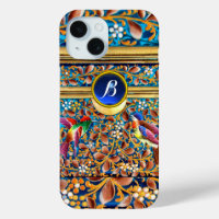 COLORFUL BIRDS AND FLORAL SWIRLS BLUE GEM MONOGRAM
