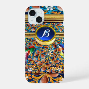COLORFUL BIRDS AND FLORAL SWIRLS BLUE GEM MONOGRAM iPhone 15 CASE