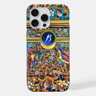 COLORFUL BIRDS AND FLORAL SWIRLS BLUE GEM MONOGRAM iPhone 15 PRO MAX CASE