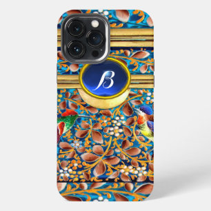COLORFUL BIRDS AND FLORAL SWIRLS BLUE GEM MONOGRAM iPhone 13 PRO MAX CASE