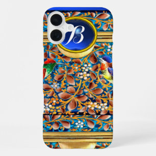 COLORFUL BIRDS AND FLORAL SWIRLS BLUE GEM MONOGRAM iPhone 16 PLUS CASE