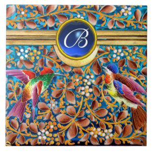 COLORFUL BIRDS AND FLORAL SWIRLS BLUE GEM MONOGRAM TILE