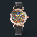 COLORFUL BIRDS AND FLORAL SWIRLS BLUE GEM MONOGRAM WATCH<br><div class="desc">Vibrant , colourful Spring flowers and little colibries in gold and blue. Elegant , artistic,  design inspired antique Art Nouveau Bohemian enamels in turquoise blue, red , teal, gold yellow, violet , white colours with 3D blue sapphire gemstone..Digital Graphic Design , 3D Modelling by Bulgan Lumini (c)</div>