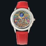 COLORFUL BIRDS AND FLORAL SWIRLS BLUE GEM MONOGRAM WATCH<br><div class="desc">Vibrant , colourful Spring flowers and little colibries in gold and blue. Elegant , artistic,  design inspired antique Art Nouveau Bohemian enamels in turquoise blue, red , teal, gold yellow, violet , white colours with 3D blue sapphire gemstone..Digital Graphic Design , 3D Modelling by Bulgan Lumini (c)</div>
