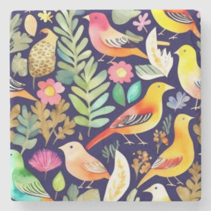 Colorful birds floral pattern blue decor stone coaster