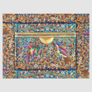 COLORFUL BIRDS, FLOWERS ,GOLD BLUE FLORAL SWIRLS TISSUE PAPER