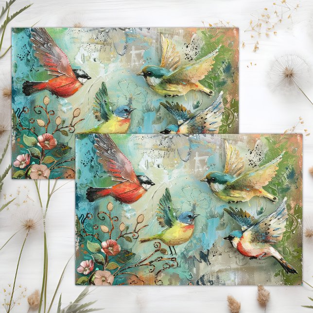 COLORFUL BIRDS IN GARDEN MIXED MEDIA DECOUPAGE TISSUE PAPER (COLORFUL BIRDS IN FLIGHT MIXED MEDIA DECOUPAGE TISSUE PAPER)
