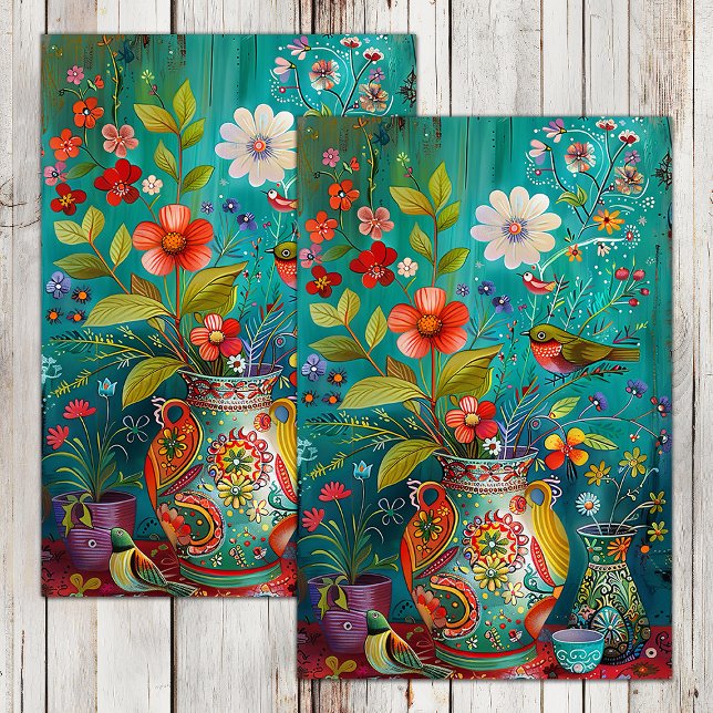 COLORFUL BIRDS WITH FLOWERS IN VASE DECOUPAGE TISSUE PAPER (COLORFUL BIRDS WITH FLOWERS IN VASE DECOUPAGE TISSUE PAPER)